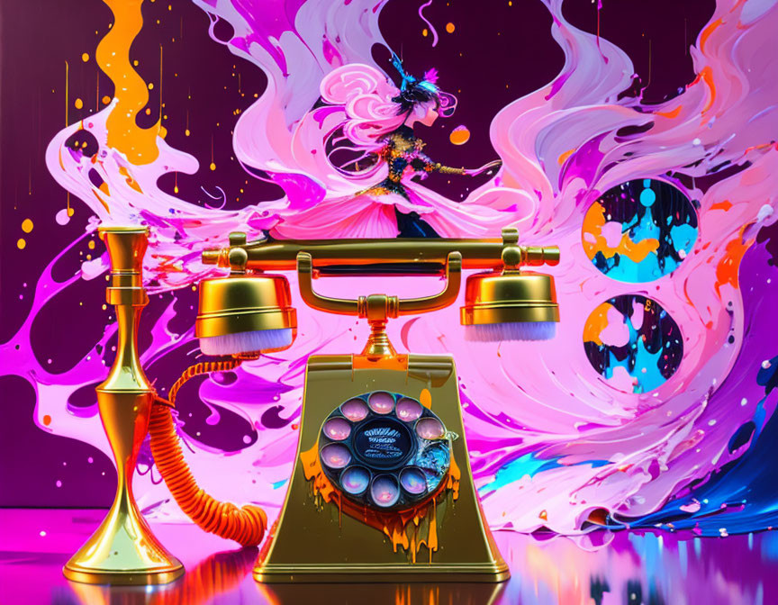 Colorful surreal artwork: Vintage rotary phone with vibrant liquid splashes in swirling abstract patterns