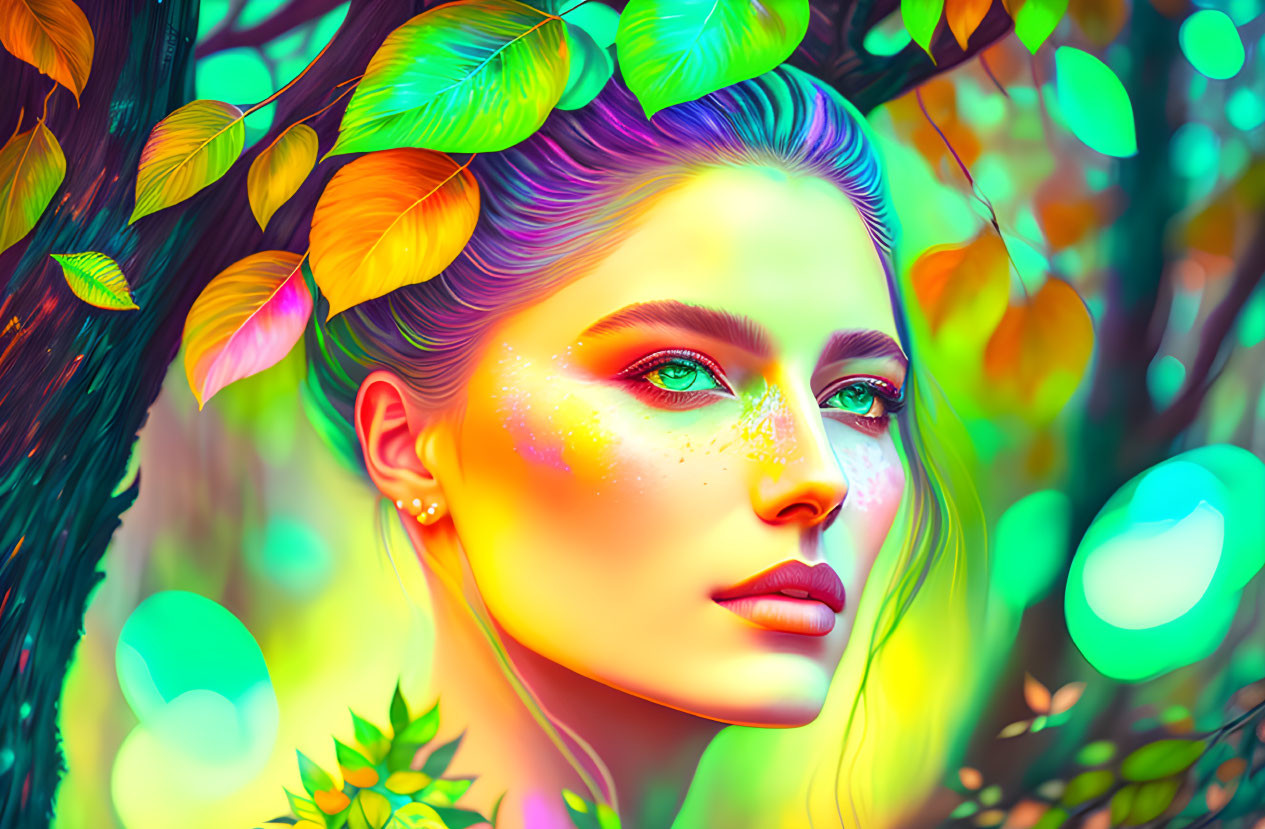 Colorful digital artwork: Woman with green hair and eyes in neon-lit forest.