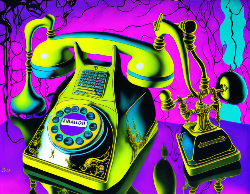 Colorful surreal scene with oversized rotary phones and abstract shapes in neon colors.