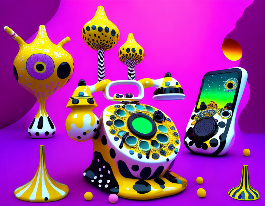 Vibrant 3D surreal artwork: yellow and black alien creatures on purple background with cosmic smartphone