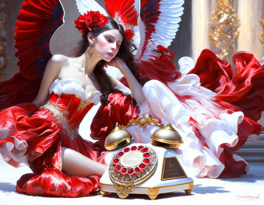 Elegant woman in red and white gown with vintage rotary phone