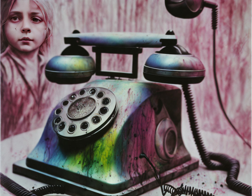 Vintage Colorfully Splattered Telephone with Child's Face on Pink Background