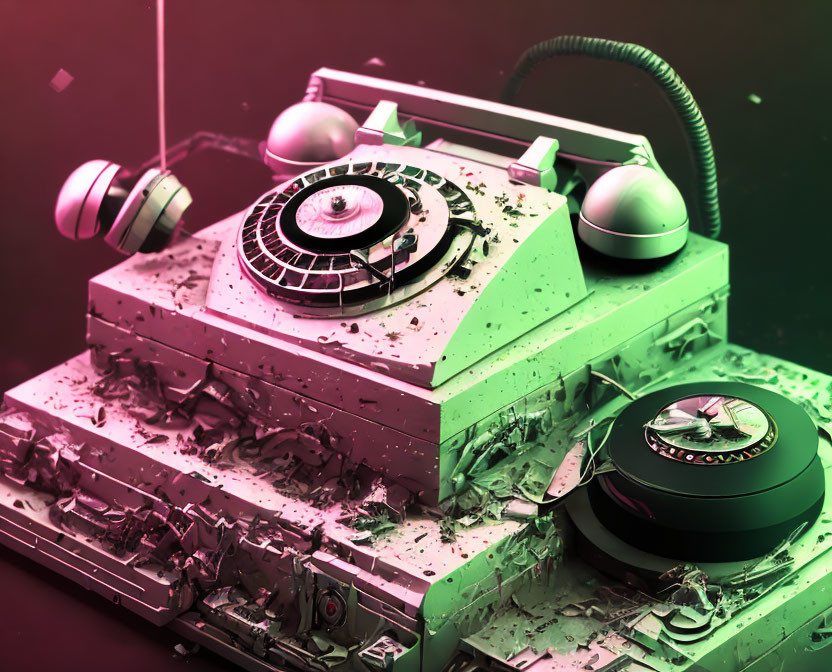 Disassembled Retro Telephone Parts in Pink and Green Filter