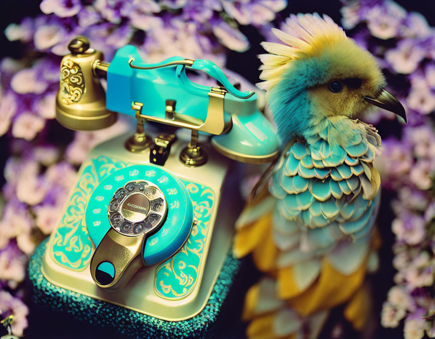 Vintage Turquoise Telephone with Bird Figurine on Floral Background