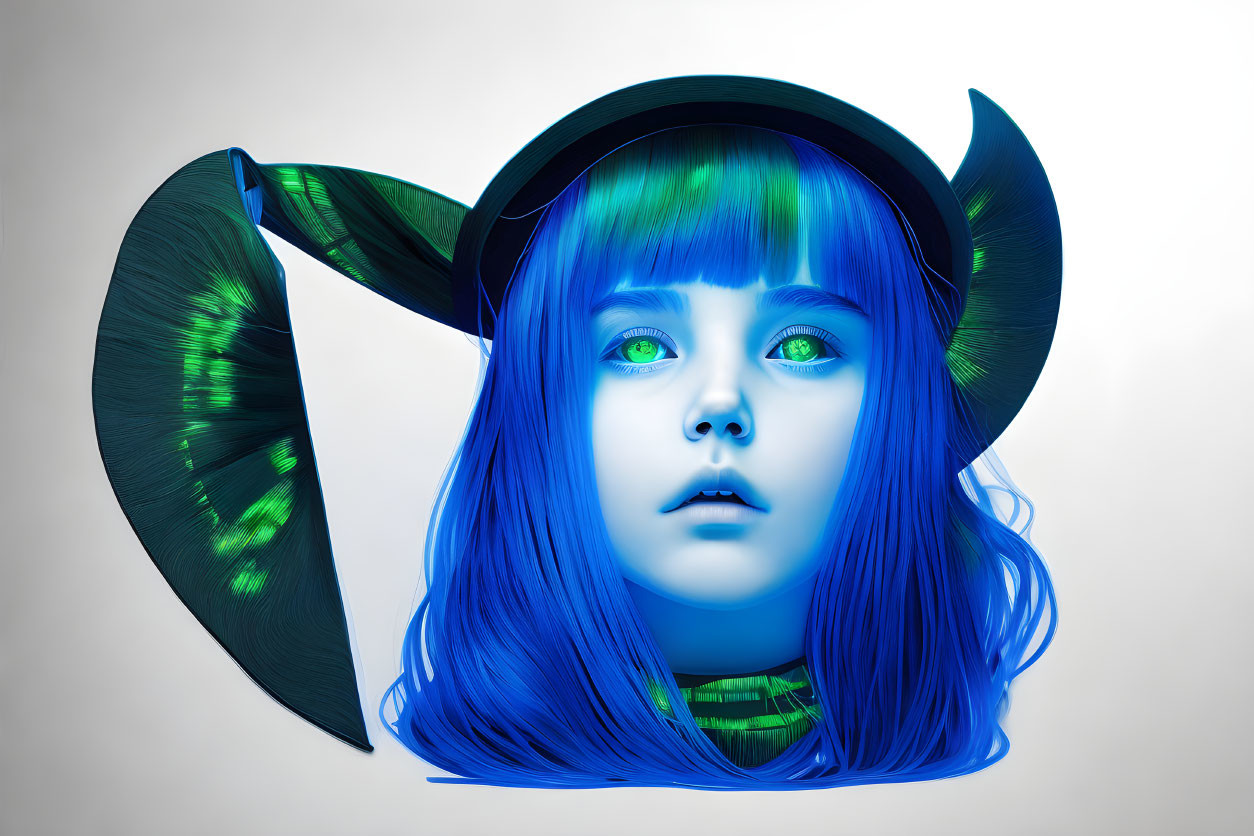 Fantastical character digital art: Blue hair, green eyes, elfin ears, curved horns.