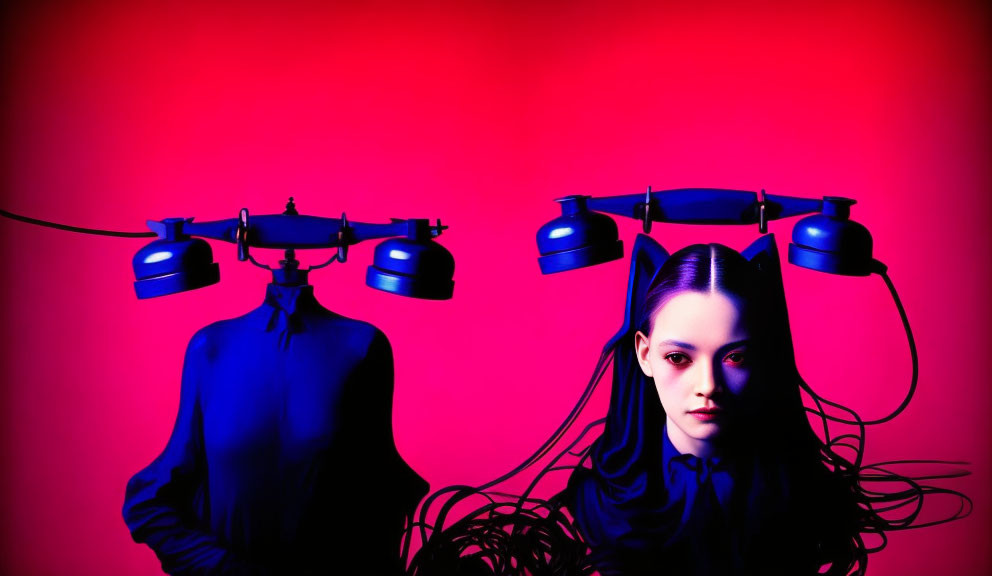 Woman with long hair beside mannequin under surreal vintage telephones on red background