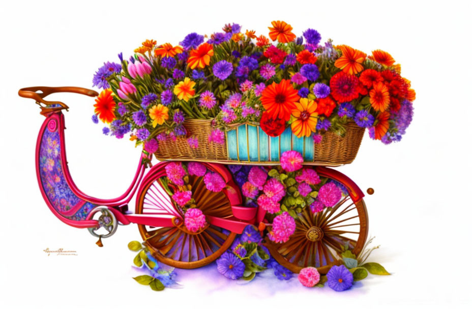 Colorful Vintage Tricycle with Flower Basket on White Background