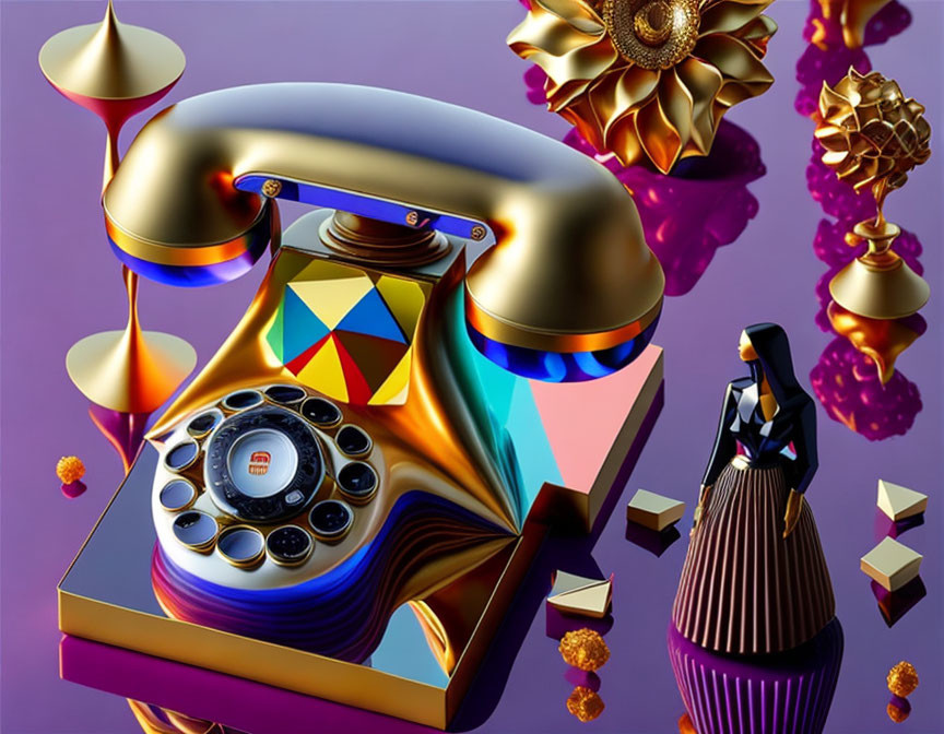 Vintage rotary phone with fluid, multicolored design and abstract shapes in surreal image