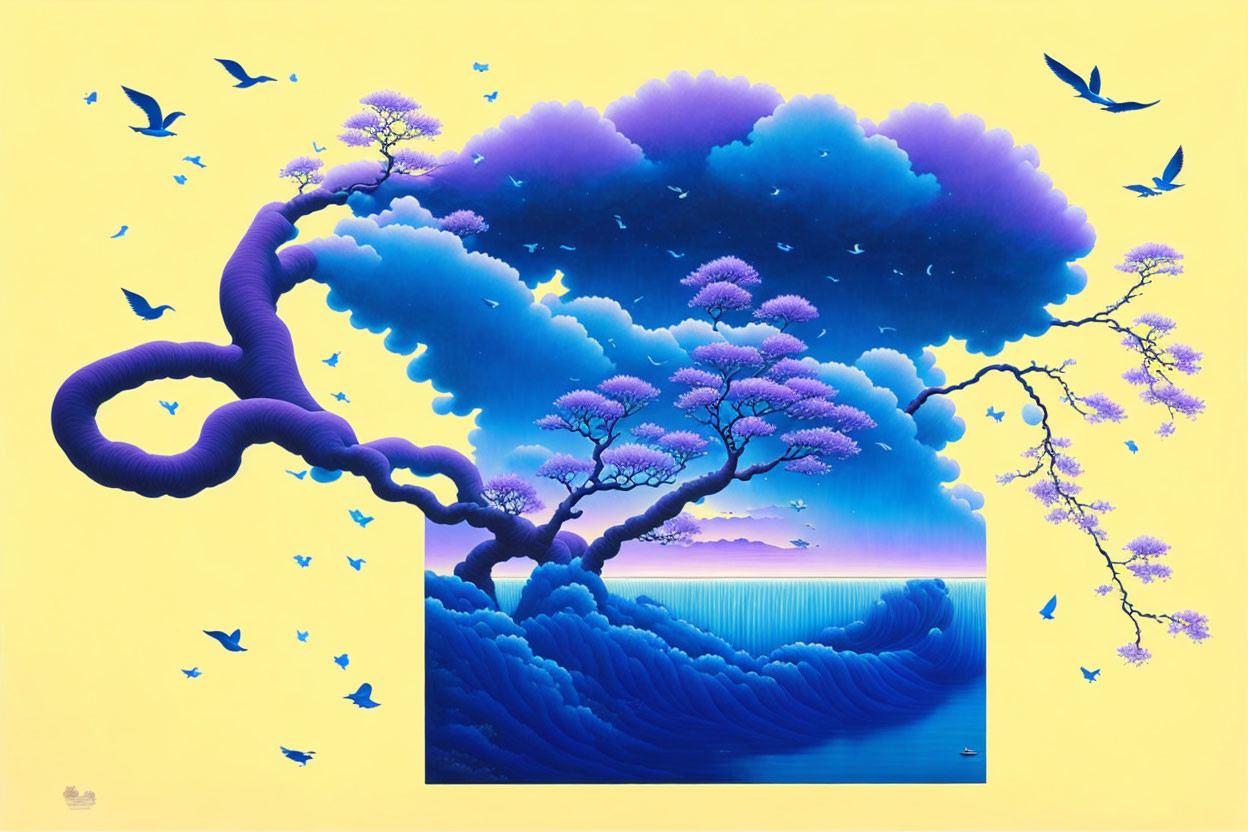 Twisted purple tree with pink foliage, birds in flight, yellow backdrop, and serene sea.