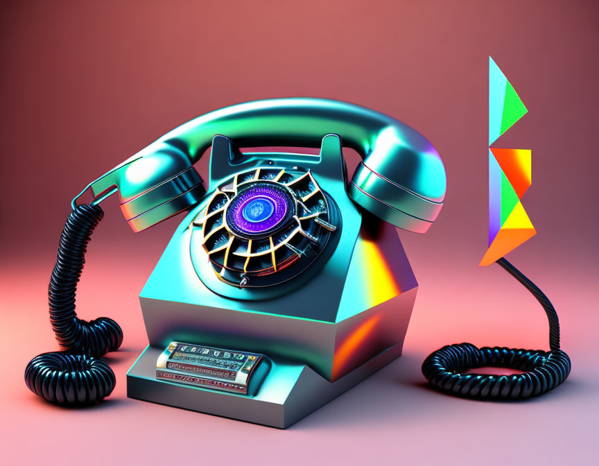 Colorful Retro-Futuristic Rotary Phone and Abstract Sculpture on Pink Background