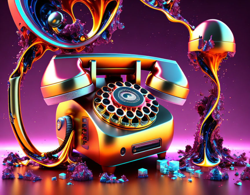 Colorful Surrealist Artwork with Vintage Rotary Phone and Liquid Forms