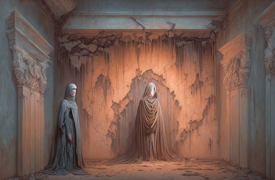 Hooded figures in dilapidated room with ornate architecture