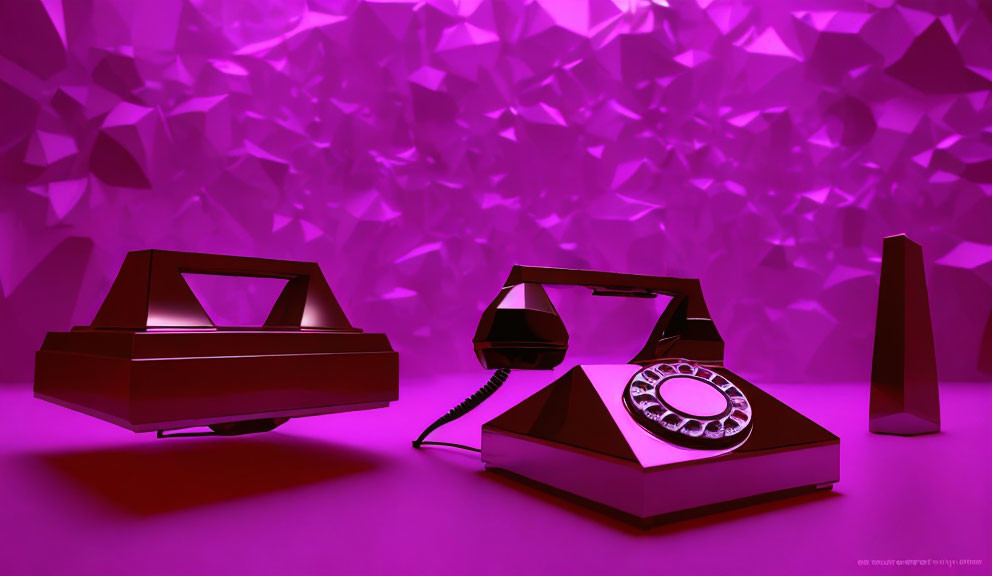 Vintage rotary telephone and abstract objects on geometric purple backdrop.