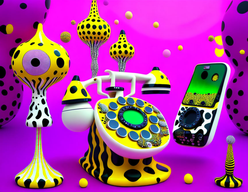 Abstract 3D Artwork: Yellow and Black Alien-like Trees on Purple Background