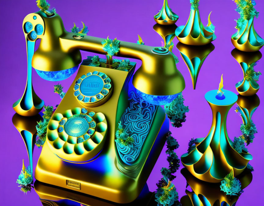 Colorful surreal artwork with stylized telephone and fractal patterns on purple background