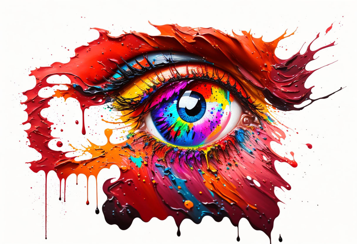 Colorful Eye Artwork with Paint Splashes and Drips in Various Hues