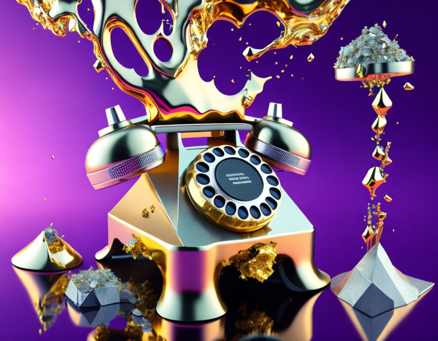 Vivid 3D composition with surreal telephone, dripping liquid, diamond chunks, gold nuggets.