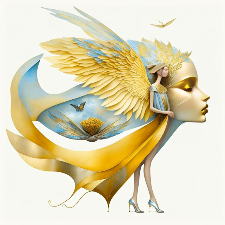 Surreal illustration of woman with golden wings and birds on cream background