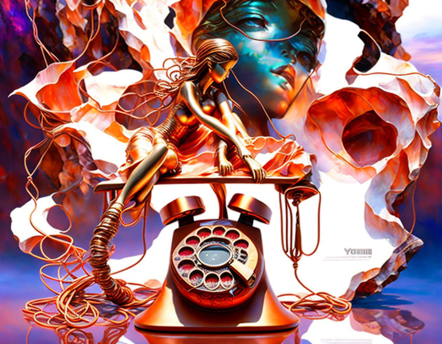 Surreal artwork: metallic female figure on red rotary phone in cosmic setting