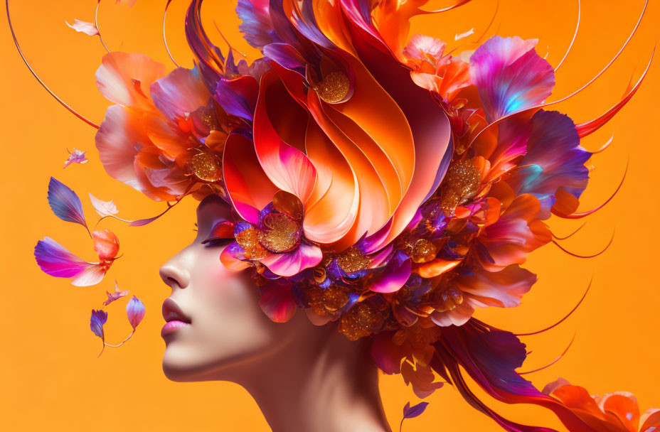 Profile of woman with vibrant floral headdress on orange background