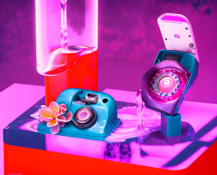 Colorful Neon Still Life Featuring Rotary Phone, Smartwatch, and Flower on Dual-Toned Platform