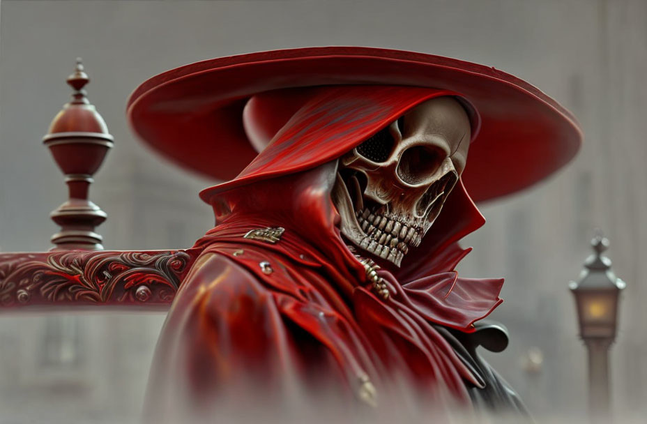 Skeleton in Red Hat and Cloak Smirking in Urban Setting