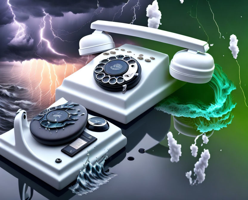 Surreal digital artwork: Dismantled rotary phone amidst stormy background