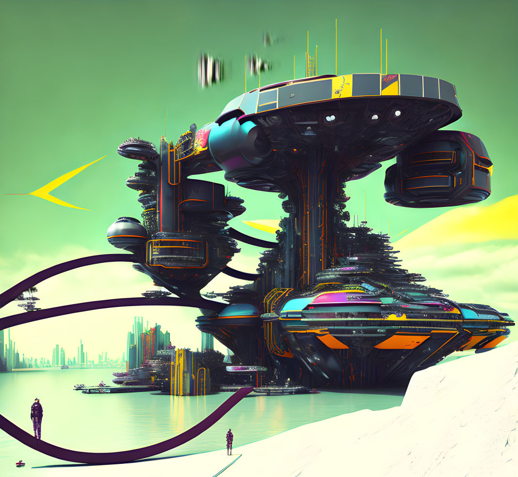 Futuristic Cityscape with Mushroom-like Towers and Flying Vehicles