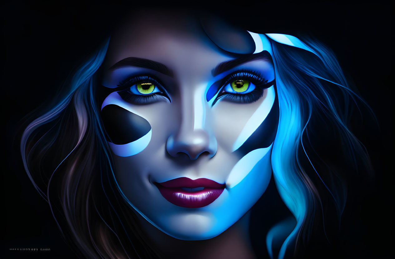 Vibrant blue and white face paint on a woman with green eyes.