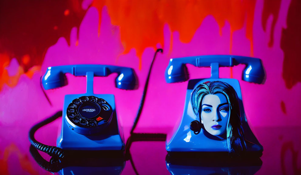 Vintage telephones on pink and purple backdrop with woman's face image.