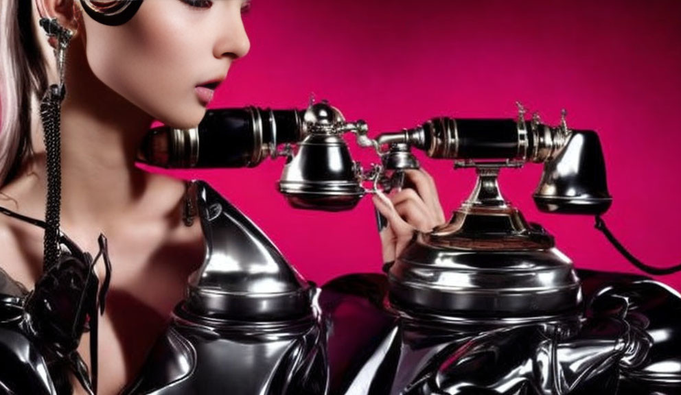 Person in Shiny Metallic Attire with Antique Telephone on Pink Background