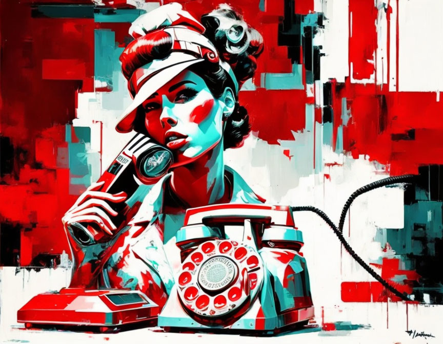 Stylized illustration of woman with vintage microphone and rotary phone on abstract red and white background