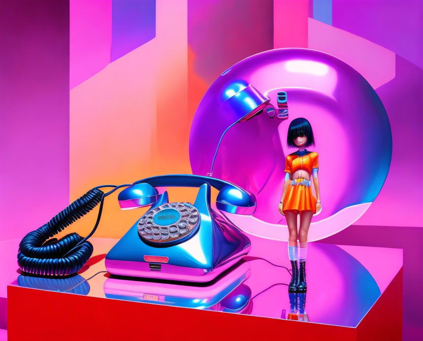 Colorful retro phone, orange doll, chrome lamp on geometric background