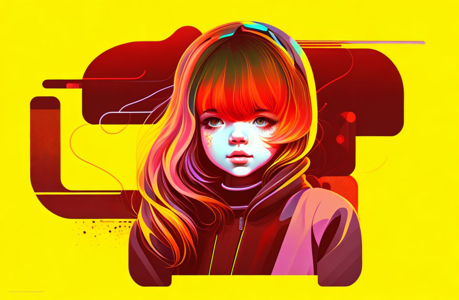 Vibrant digital illustration of a girl with red hair and headphones