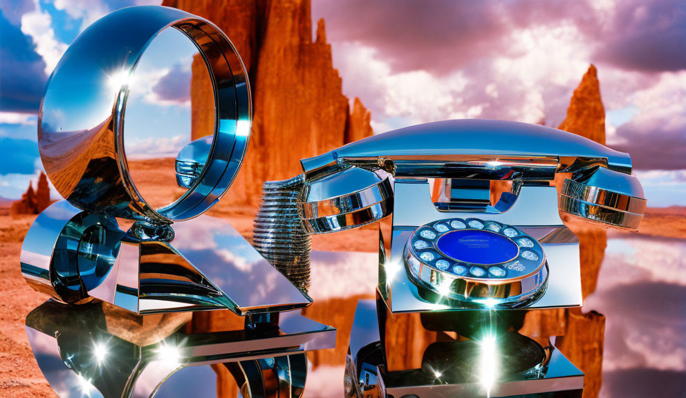 Futuristic chrome rotary dial phone in desert landscape