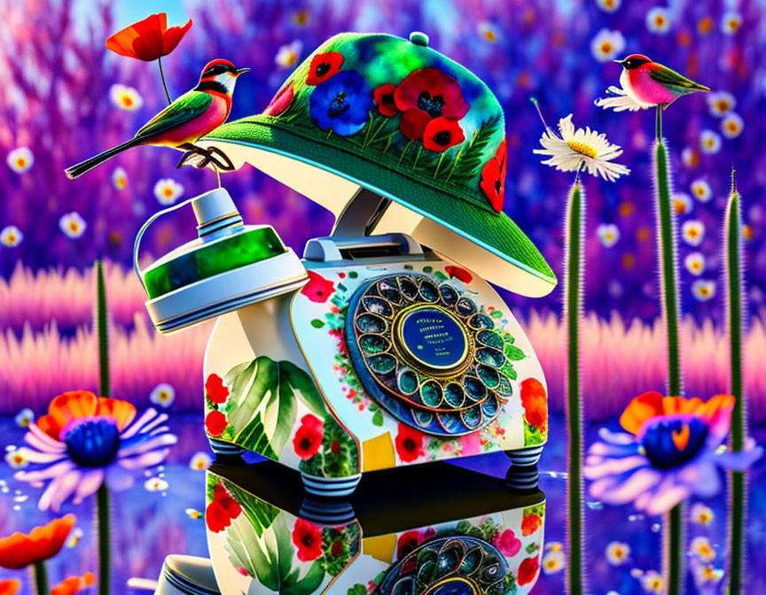 Vintage telephone with floral patterns, green lamp, baseball cap, vibrant flowers, and birds.