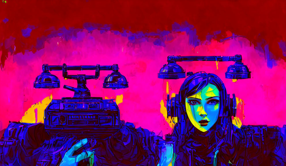 Colorful digital artwork: Woman with headphones and futuristic tech in neon pink & blue