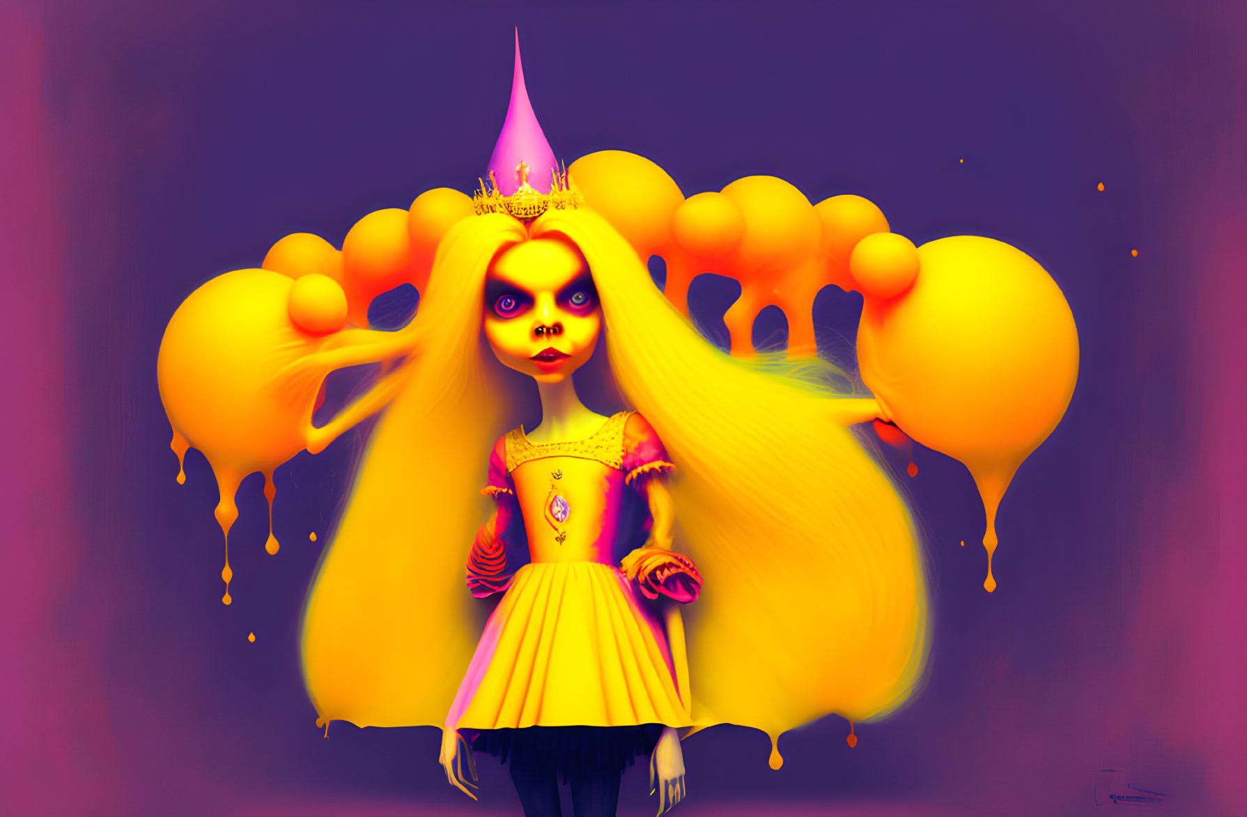 Character illustration with yellow hair, dark eyes, pink crown, orange orbs, purple background