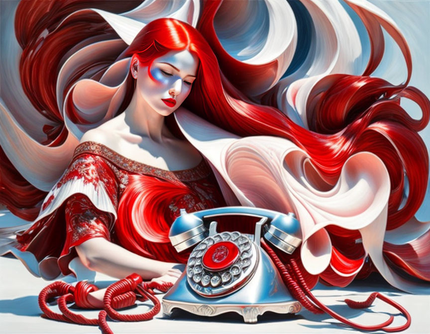 Vibrant artwork of woman with red hair, blue skin, and telephone