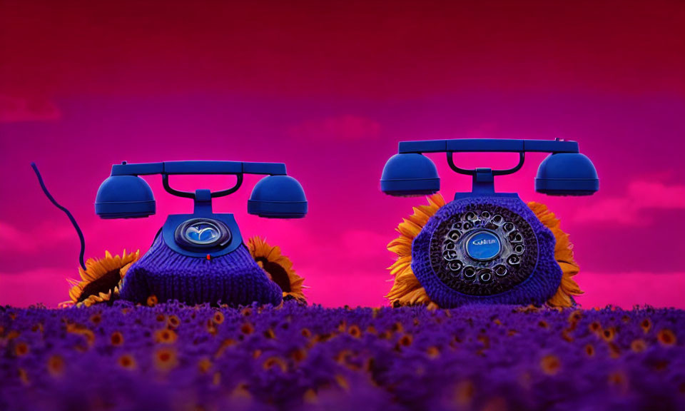 Vintage rotary telephones on sunflowers under purple sky.