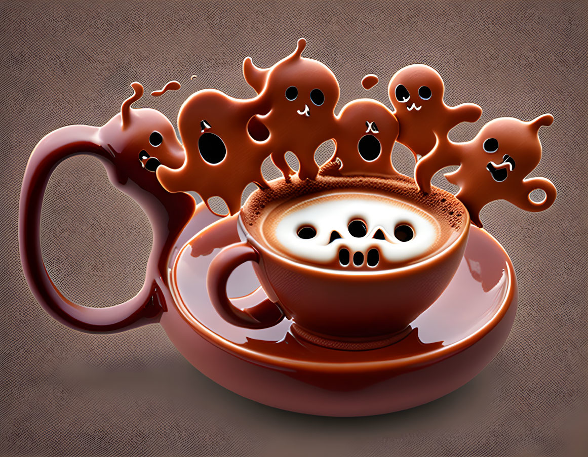 Whimsical 3D coffee cup illustration with playful splash characters