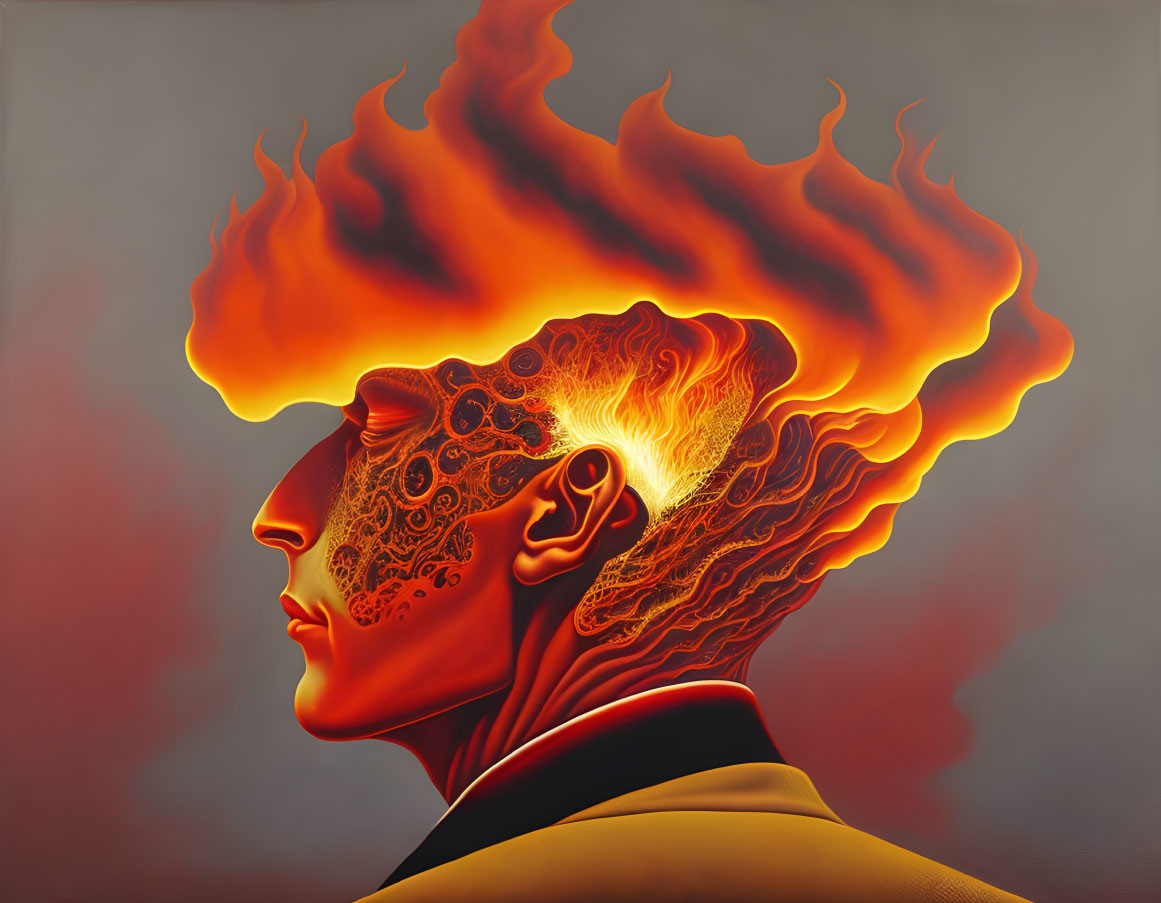 Person with fiery flame-like mane in profile view against gray background