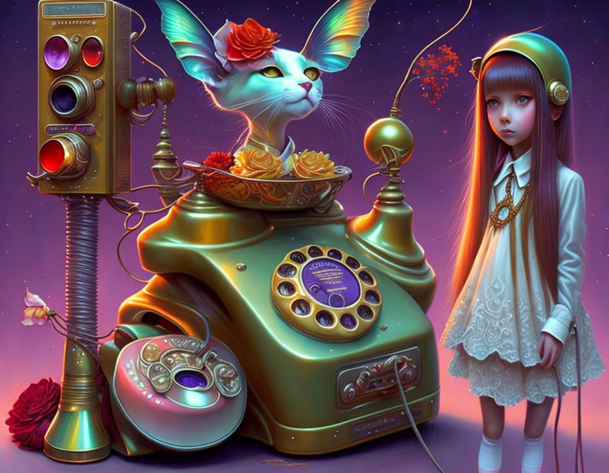 Surreal image of young girl and whimsical cat with butterfly wings among antique telephones