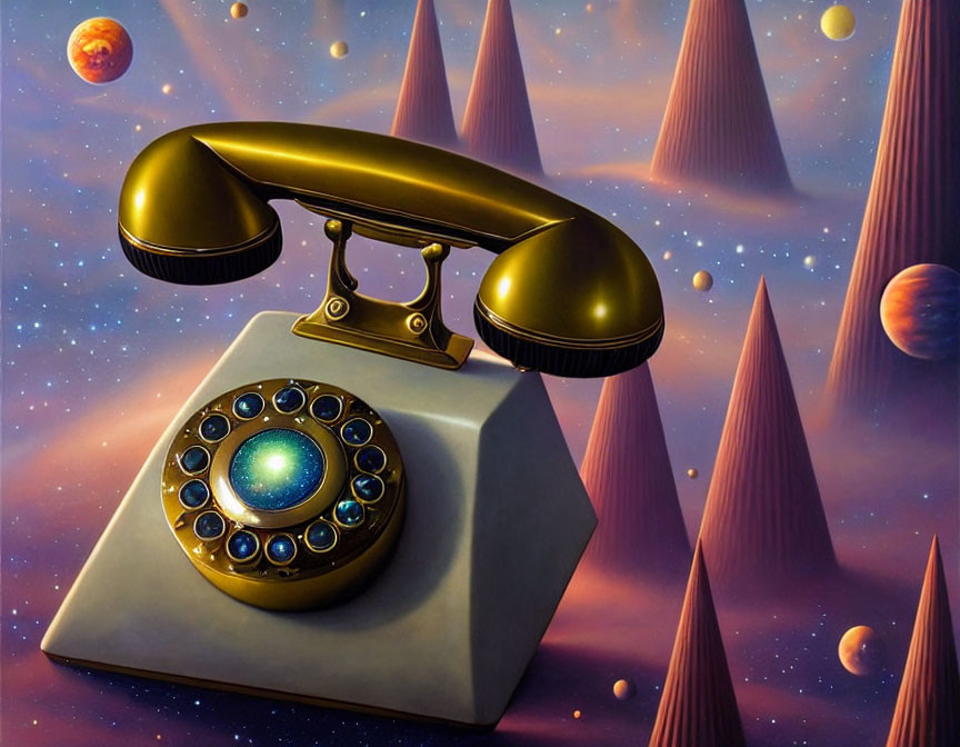 Surreal vintage rotary phone with galaxy design on dialer, cosmic background, planets, pyram