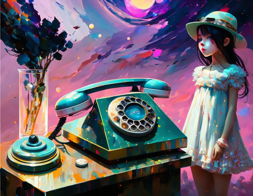 Girl in white dress and hat near vintage telephone on cosmic background