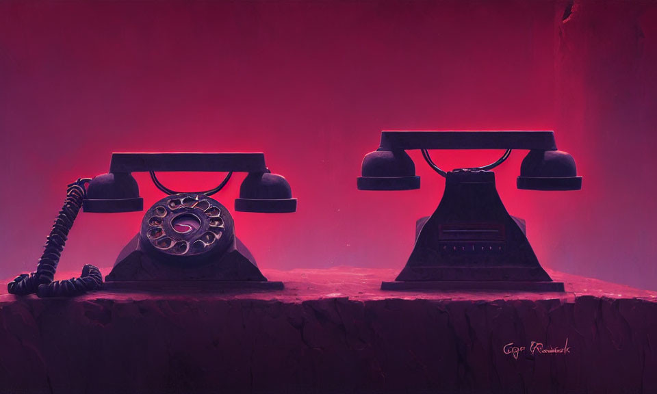 Vintage telephones on red backdrop with chasm between