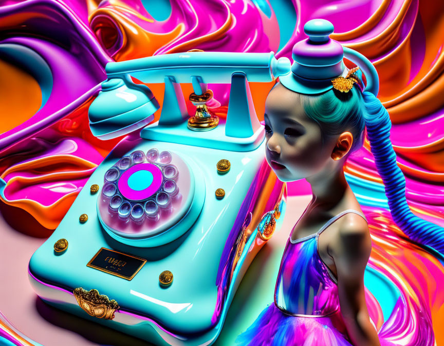 Colorful surreal scene with stylized girl and turquoise rotary phone.