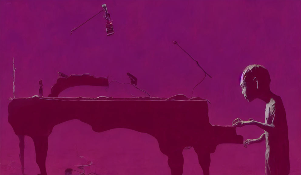 Monochromatic pink surreal grand piano scene