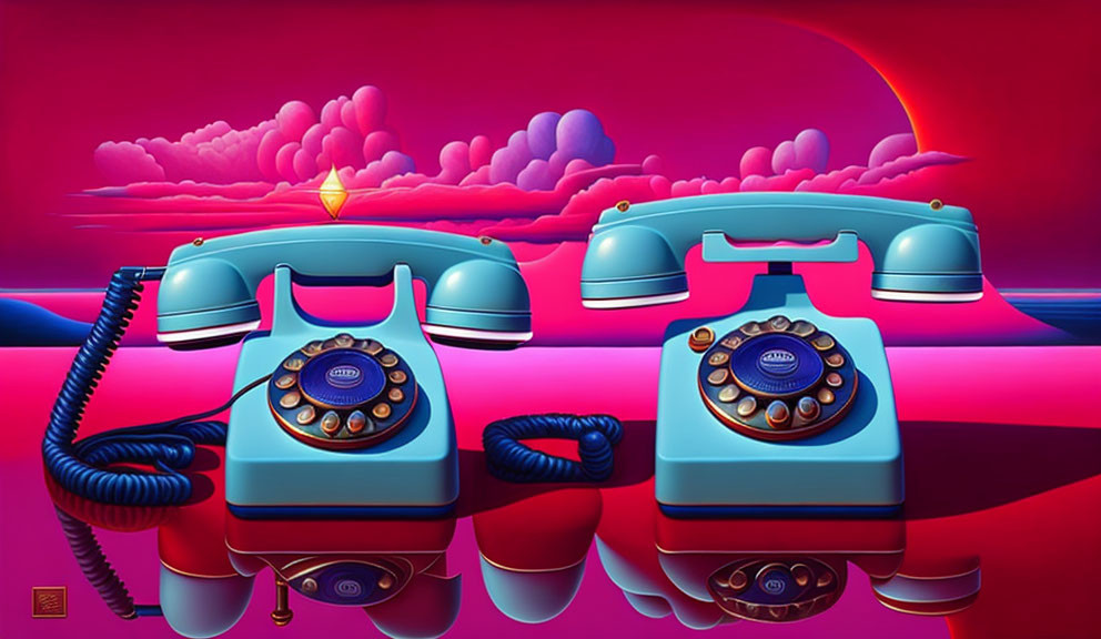 Vintage rotary dial telephones intertwined with cords in surreal pink and red landscape