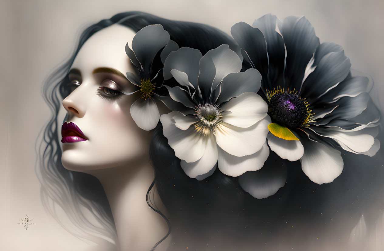 Digital portrait of woman with dark hair and black & white flowers in soft lighting